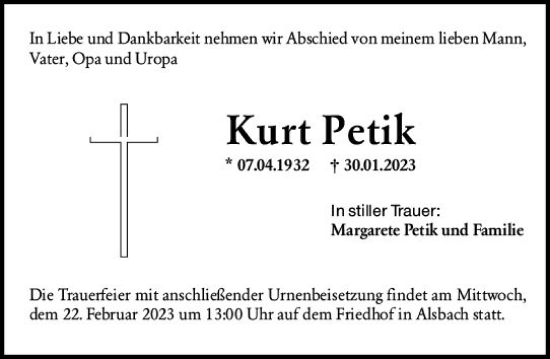 Traueranzeige von Kurt Petik von Darmstädter Echo