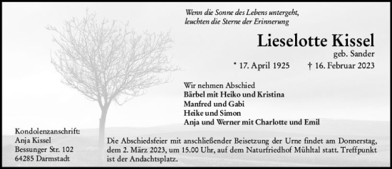 Traueranzeige von Lieselotte Kissel von Darmstädter Echo