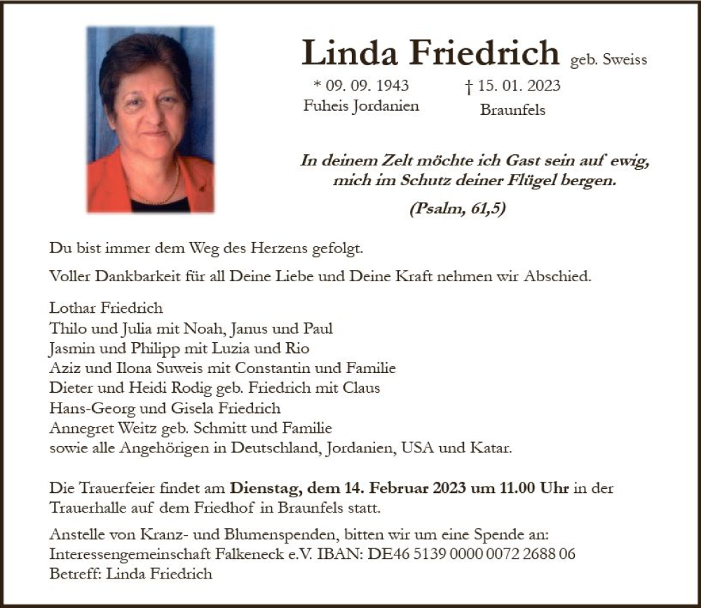  Traueranzeige für Linda Friedrich vom 11.02.2023 aus Wetzlarer Neue Zeitung