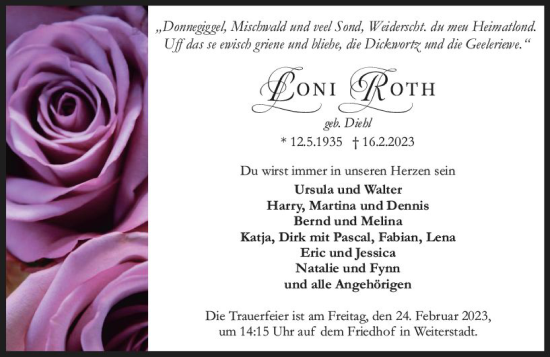 Traueranzeige von Loni Roth von Darmstädter Echo