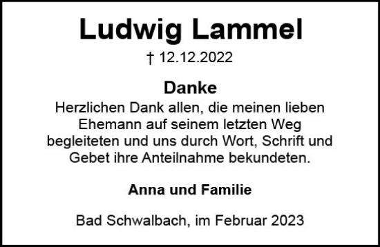 Traueranzeige von Ludwig Lammel von Wiesbadener Kurier gesamt