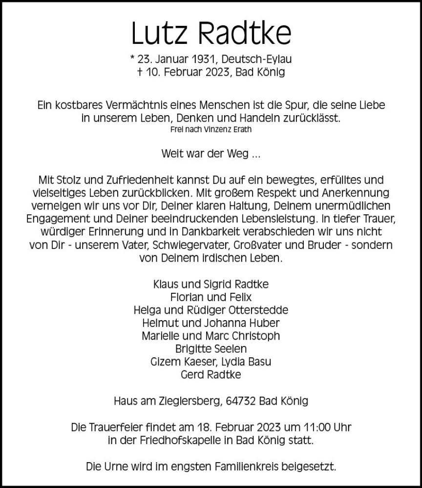  Traueranzeige für Lutz Radtke vom 15.02.2023 aus Odenwälder Echo