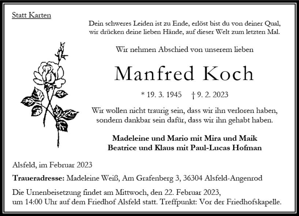  Traueranzeige für Manfred Koch vom 18.02.2023 aus VRM Trauer