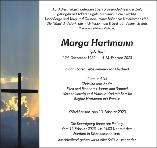 Traueranzeige von Marga Hartmann von Wetzlarer Neue Zeitung