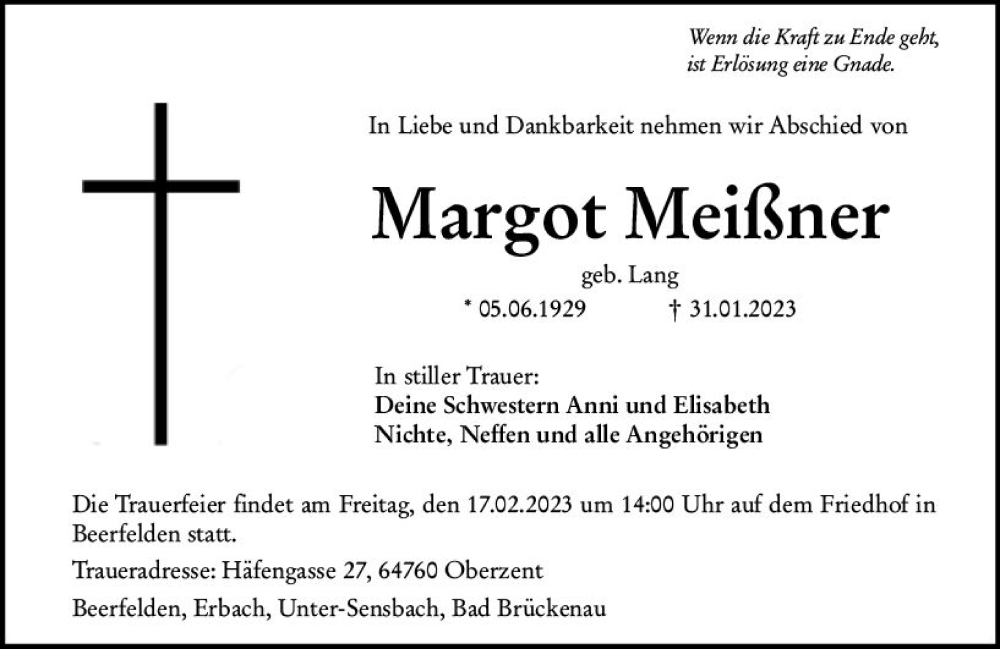  Traueranzeige für Margot Meißner vom 15.02.2023 aus Odenwälder Echo