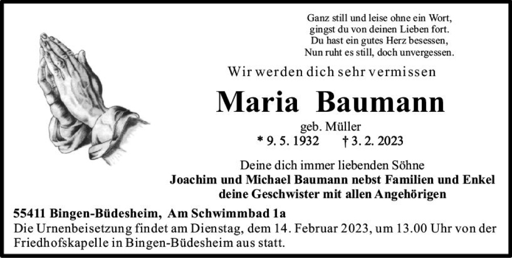  Traueranzeige für Maria Baumann vom 11.02.2023 aus Allgemeine Zeitung Mainz