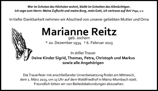 Traueranzeige von Marianne Reitz von Allgemeine Zeitung Mainz