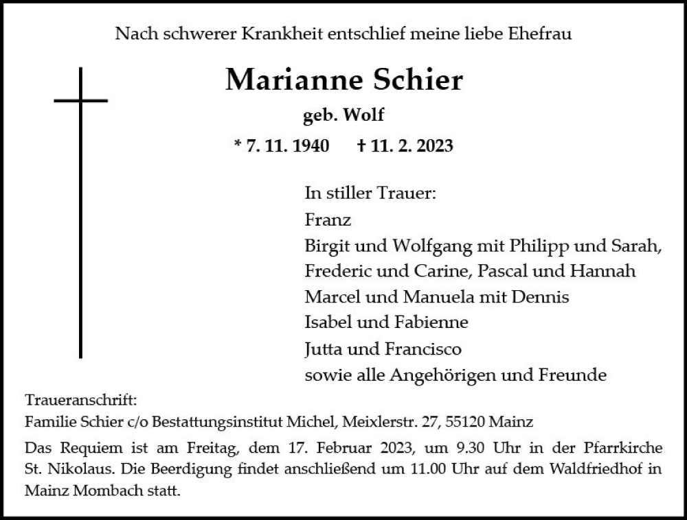 Traueranzeige für Marianne Schier vom 15.02.2023 aus Allgemeine Zeitung Mainz