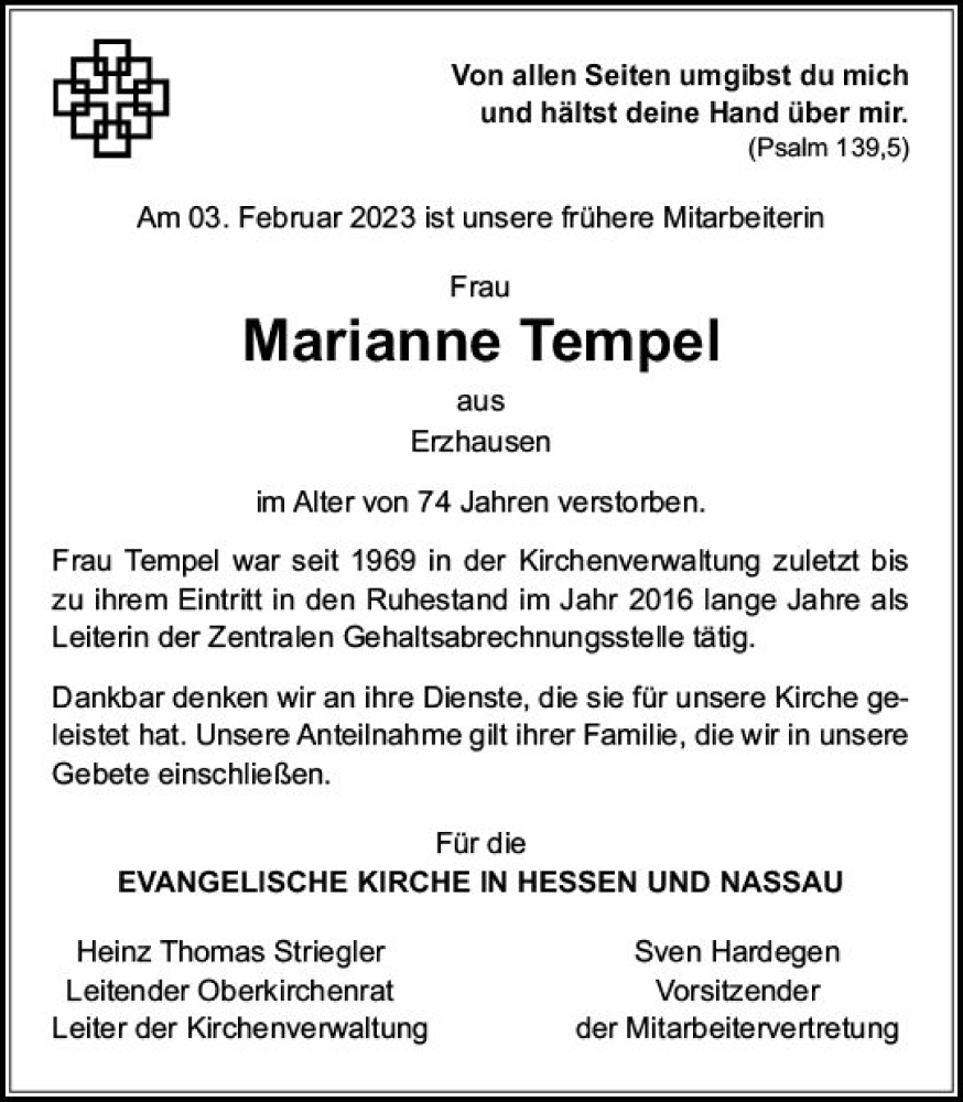  Traueranzeige für Marianne Tempel vom 15.02.2023 aus Darmstädter Echo