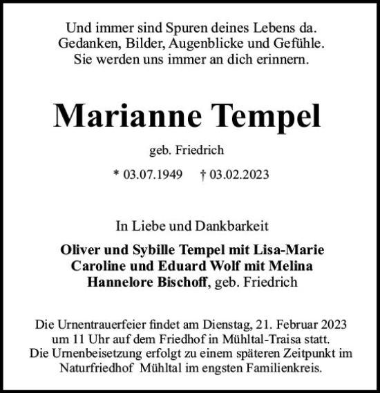 Traueranzeige von Marianne Tempel von Darmstädter Echo
