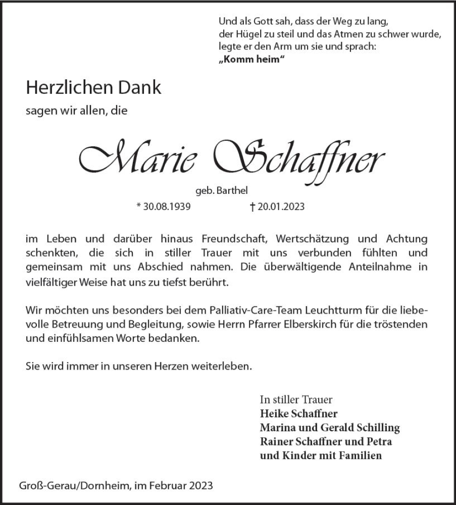  Traueranzeige für Marie Schaffner vom 25.02.2023 aus Groß-Gerauer Echo
