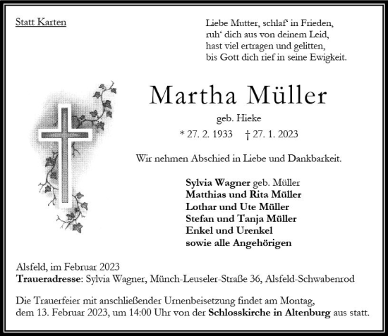 Traueranzeige von Martha Müller von OK Oberhessen Kurier
