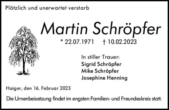 Traueranzeige von Martin Schröpfer von Dill Block