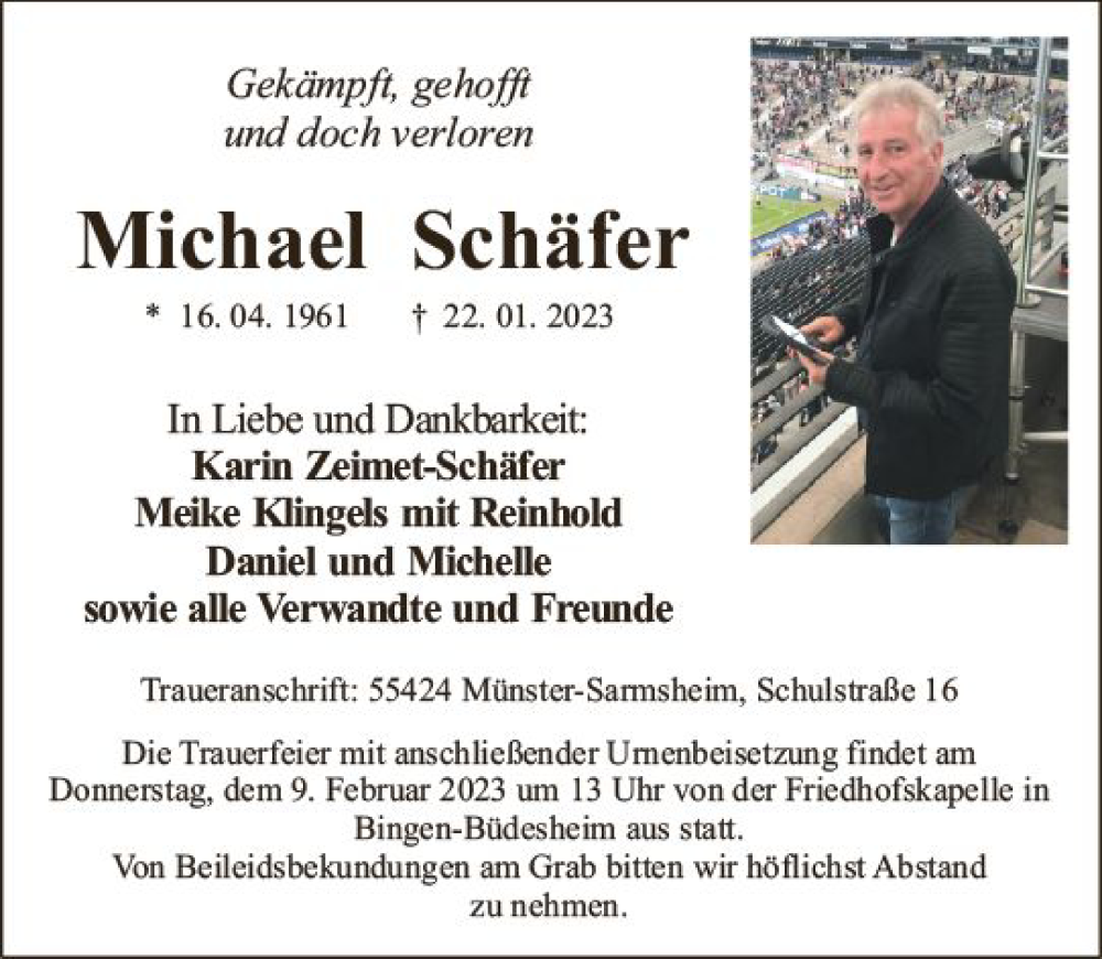  Traueranzeige für Michael Schäfer vom 04.02.2023 aus Bingen/Ingelheim Wochenblatt inkl. NBZ