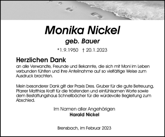 Traueranzeige von Monika Nickel von Odenwälder Echo