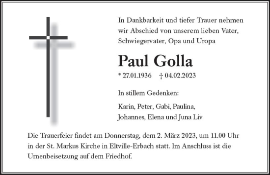 Traueranzeige von Paul Golla von Wiesbadener Kurier