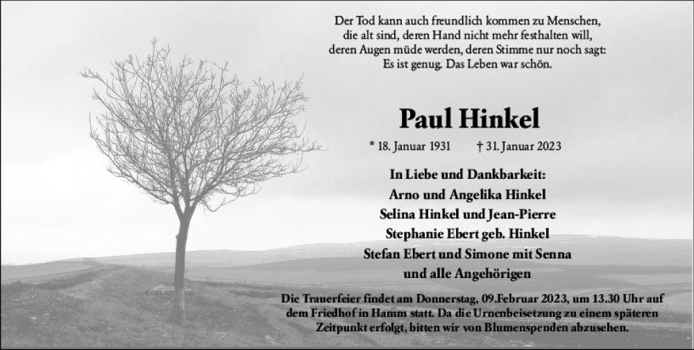  Traueranzeige für Paul Hinkel vom 04.02.2023 aus Wormser Zeitung