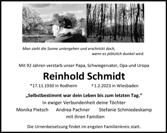 Traueranzeige von Reinhold Schmidt von Wiesbadener Kurier gesamt