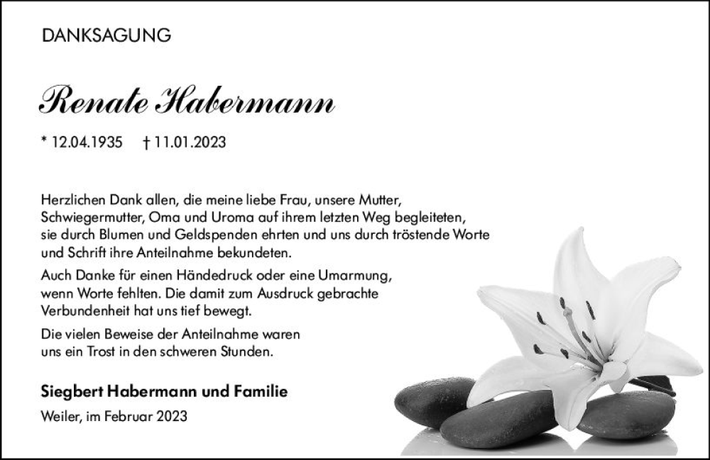  Traueranzeige für Renate Habermann vom 18.02.2023 aus Allgemeine Zeitung Bingen/Ingelheim