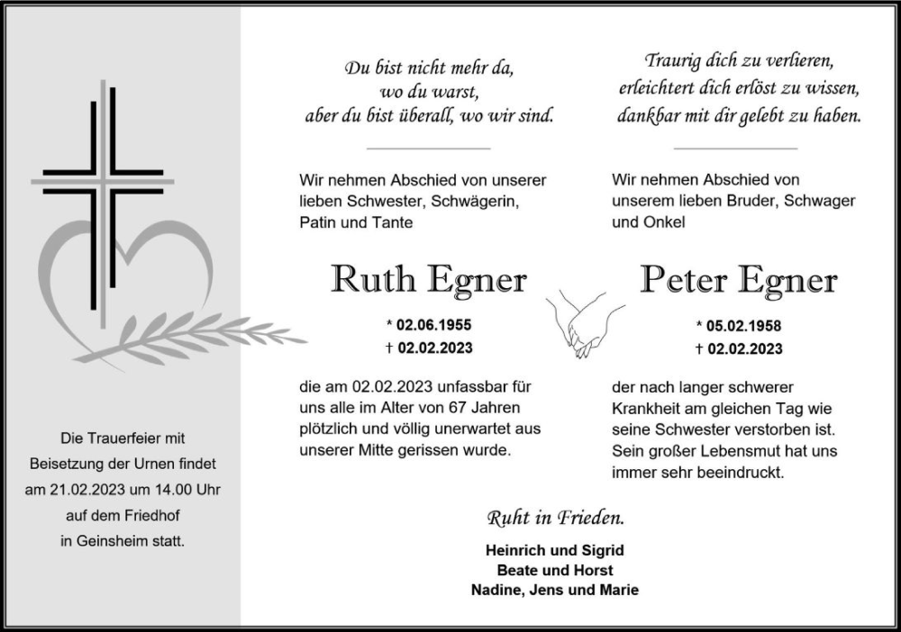  Traueranzeige für Ruth Egner vom 11.02.2023 aus Groß-Gerauer Echo