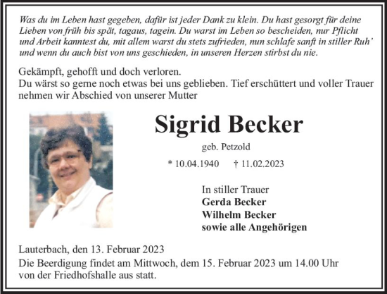 Traueranzeige von Sigrid Becker von VRM Trauer