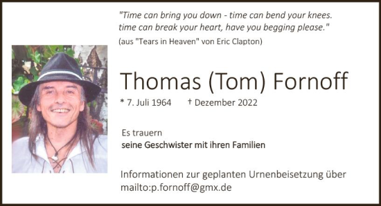 Traueranzeige von Thomas Fornoff von Darmstädter Echo