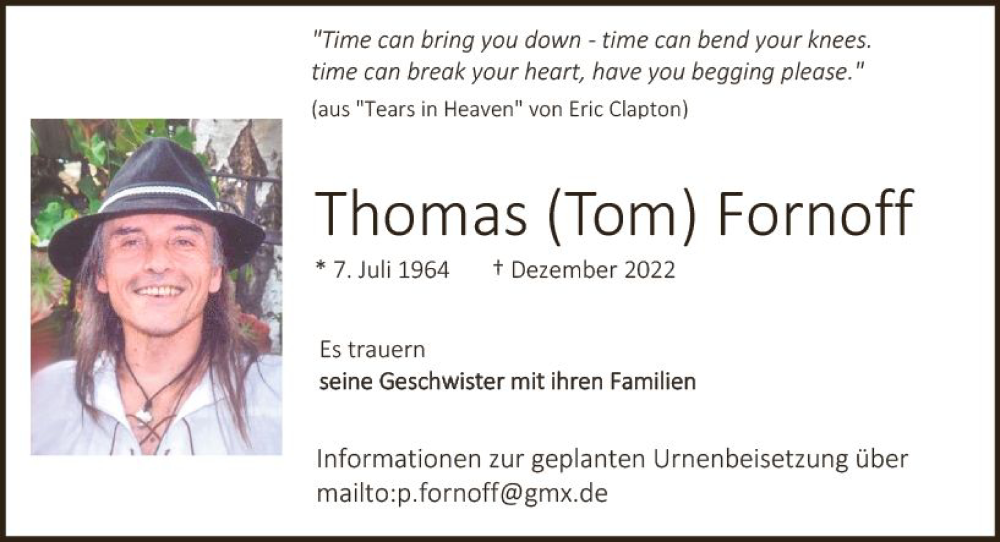  Traueranzeige für Thomas Fornoff vom 11.02.2023 aus Darmstädter Echo