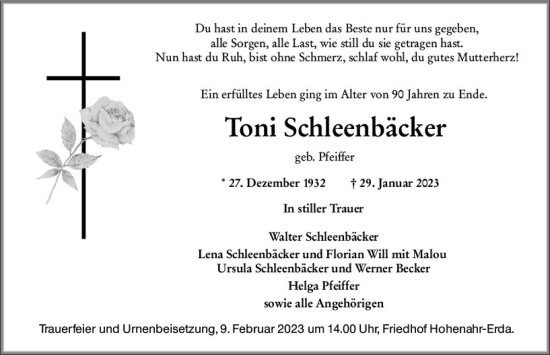 Traueranzeige von Toni Schleenbäcker von Wetzlarer Neue Zeitung