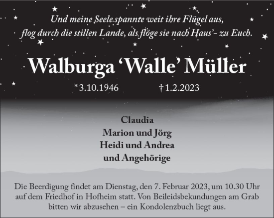 Traueranzeige von Walburga Müller von Starkenburger Echo
