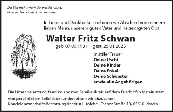 Traueranzeige von Walter Fritz Schwan von Idsteiner Land / Untertaunus Kurier