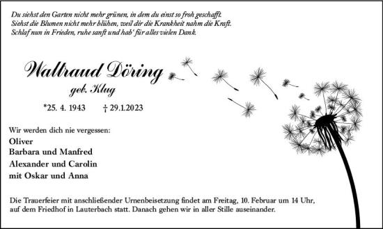 Traueranzeige von Waltraud Döring von OK Oberhessen Kurier