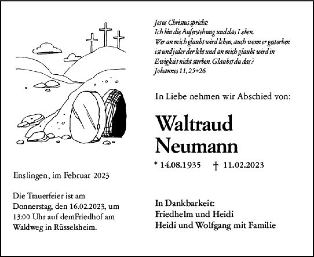  Traueranzeige für Waltraud Neumann vom 15.02.2023 aus Rüsselsheimer Echo