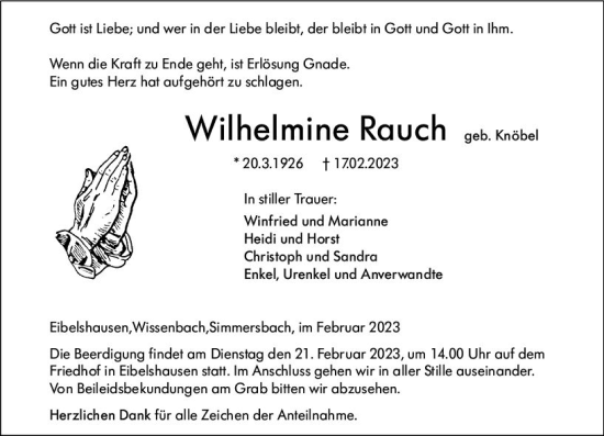 Traueranzeige von Wilhelmine Rauch von Dill Block
