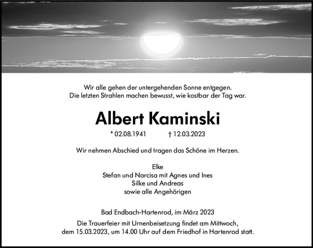  Traueranzeige für Albert Kaminski vom 14.03.2023 aus Hinterländer Anzeiger