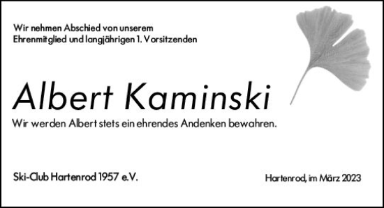 Traueranzeige von Albert Kaminski von Hinterländer Anzeiger