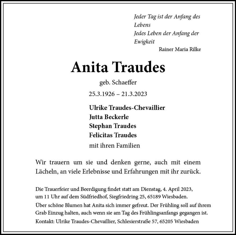  Traueranzeige für Anita Traudes vom 01.04.2023 aus Wiesbadener Kurier