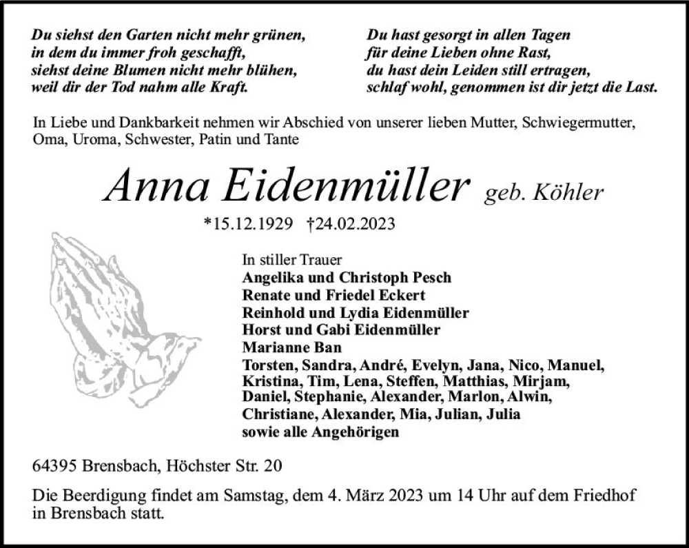  Traueranzeige für Anna Eidenmüller vom 01.03.2023 aus Odenwälder Echo