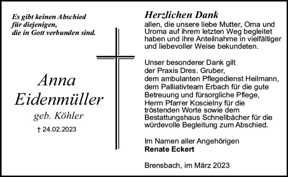  Traueranzeige für Anna Eidenmüller vom 01.04.2023 aus Odenwälder Echo