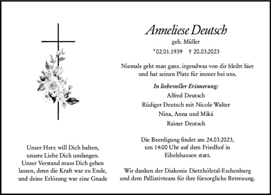 Traueranzeige von Anneliese Deutsch von Dill Block