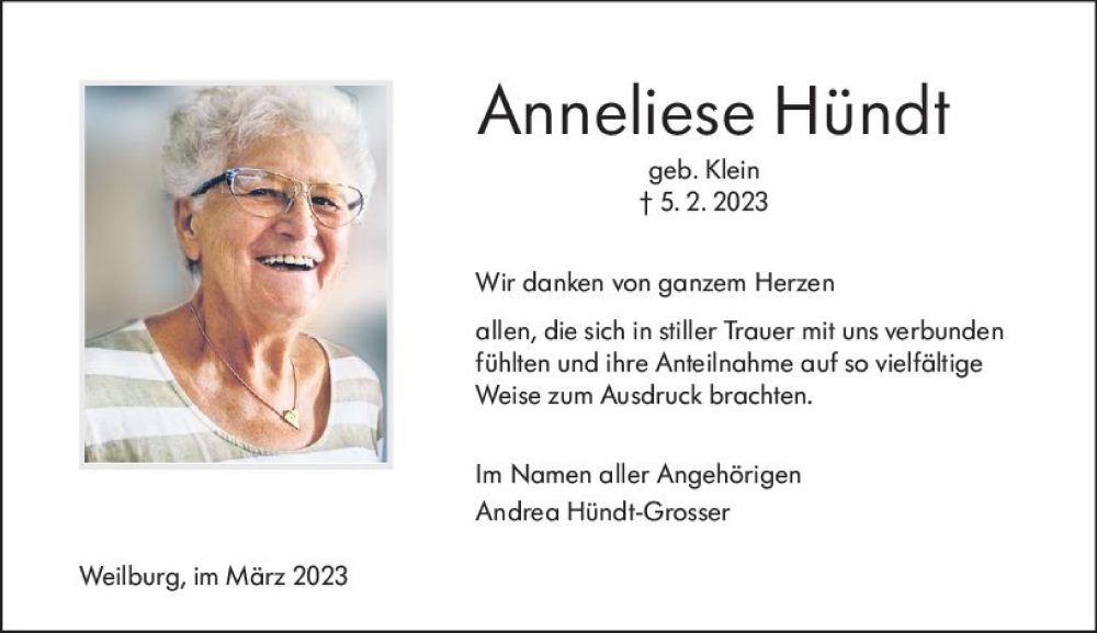  Traueranzeige für Anneliese Hündt vom 18.03.2023 aus Weilburger Tageblatt