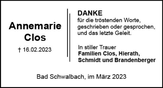 Traueranzeige von Annemarie Clos von Wiesbadener Kurier