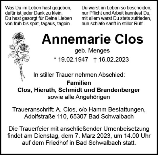 Traueranzeige von Annemarie Clos von Wiesbadener Kurier