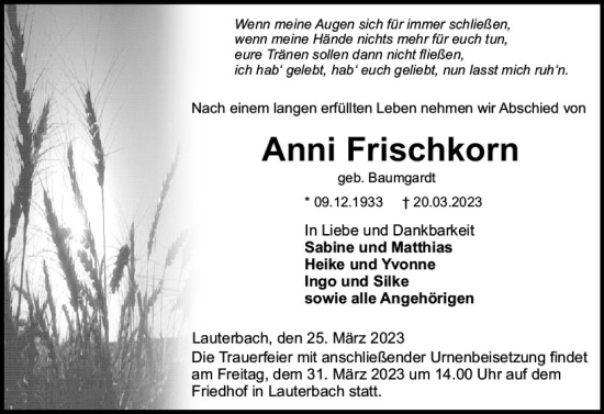 Traueranzeige von Anni Frischkorn von VRM Trauer