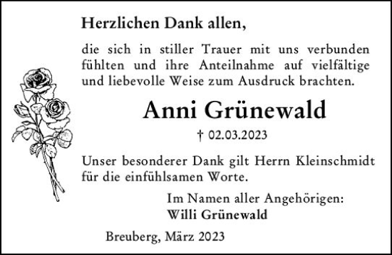 Traueranzeige von Anni Grünewald von Odenwälder Echo