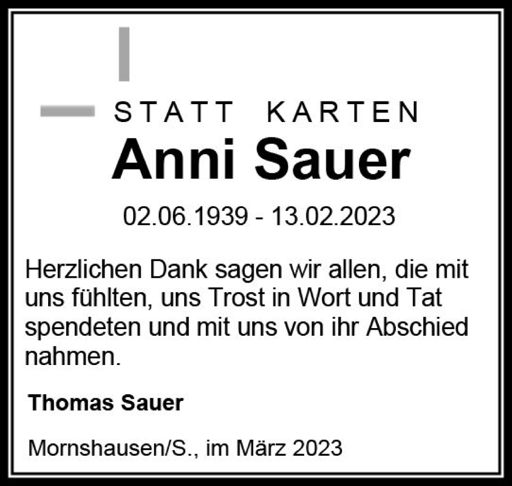  Traueranzeige für Anni Sauer vom 18.03.2023 aus Hinterländer Anzeiger