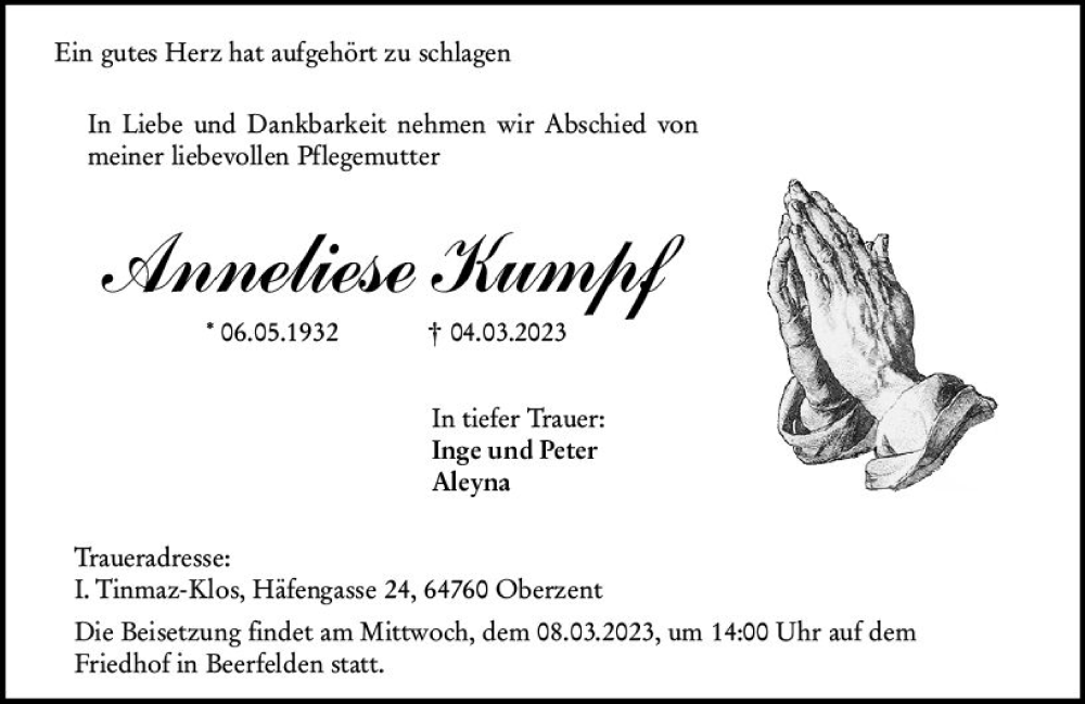  Traueranzeige für Annliese Kumpf vom 07.03.2023 aus Odenwälder Echo