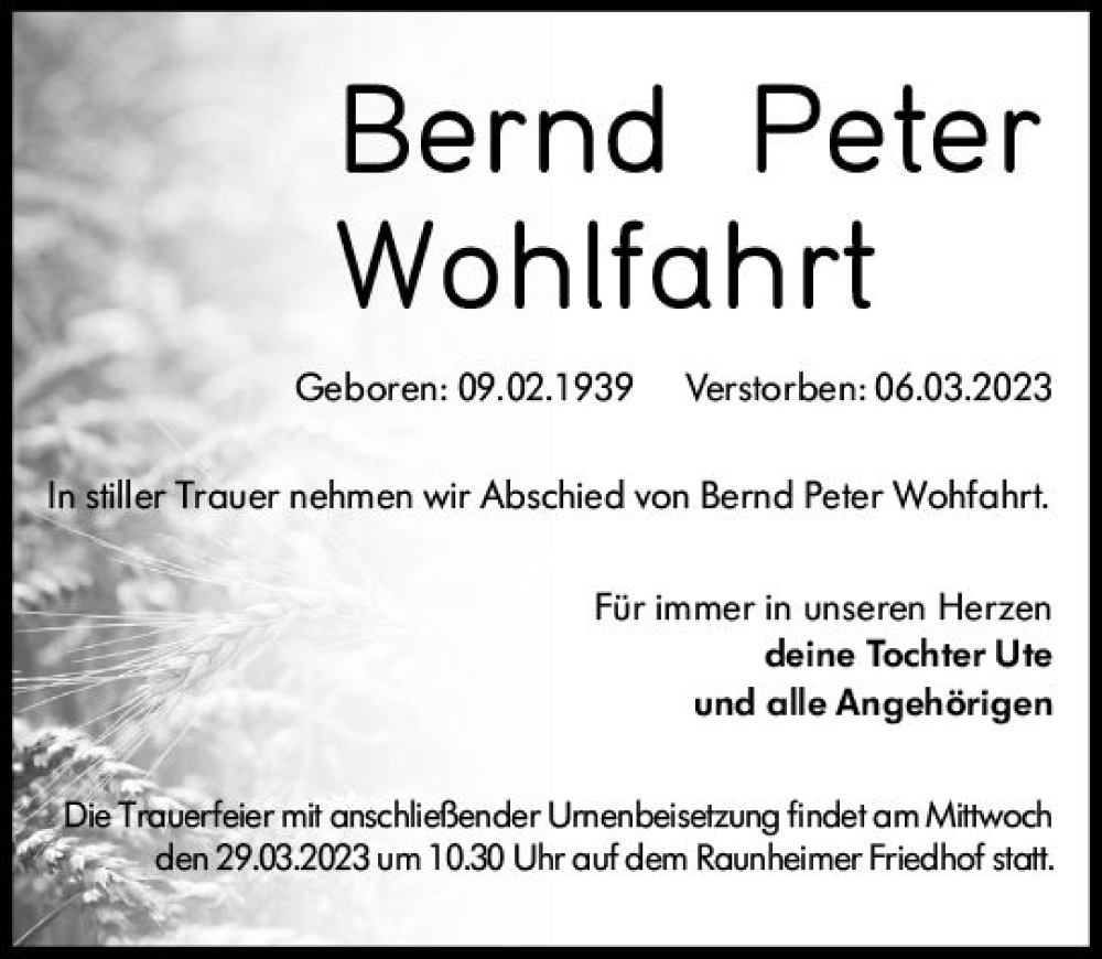  Traueranzeige für Bernd Peter Wohlfahrt vom 25.03.2023 aus Rüsselsheimer Echo