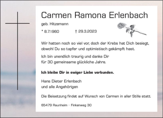 Traueranzeige von Carmen Ramona Erlenbach von Rüsselsheimer Echo