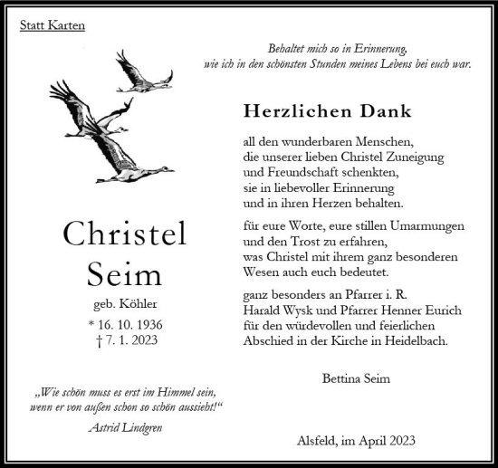 Traueranzeige von Christel Seim von Oberhessen Kurier