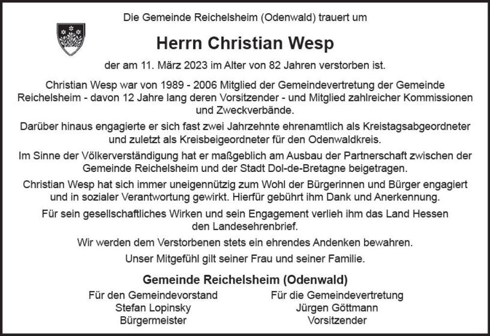  Traueranzeige für Christian Wesp vom 25.03.2023 aus Odenwälder Echo